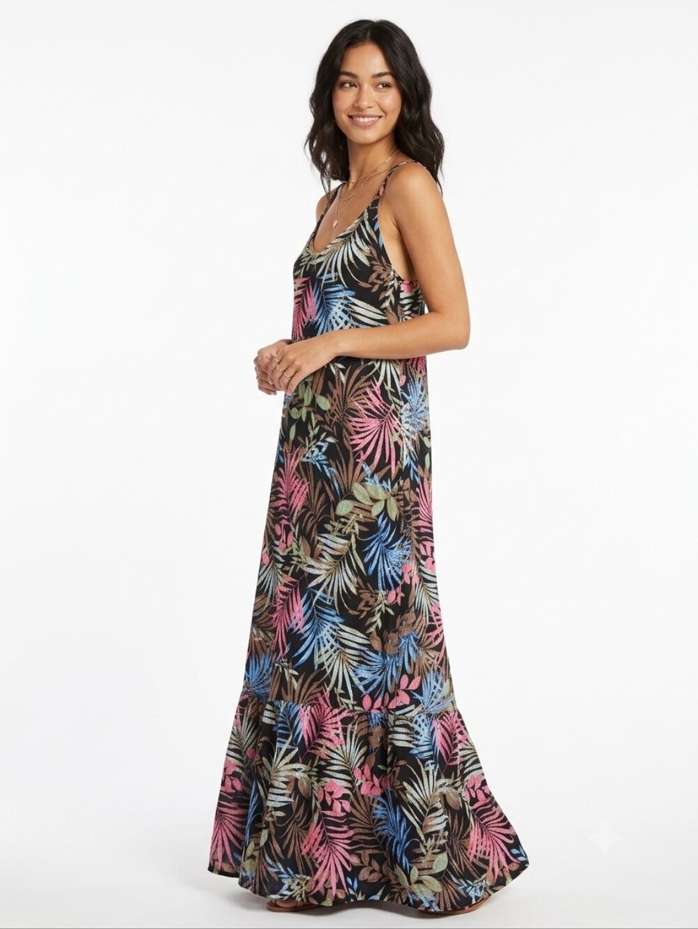 Hurley Tropical Palm Print Ruffle Maxi Dress Women's V-Neck Tank Style Sz Medium